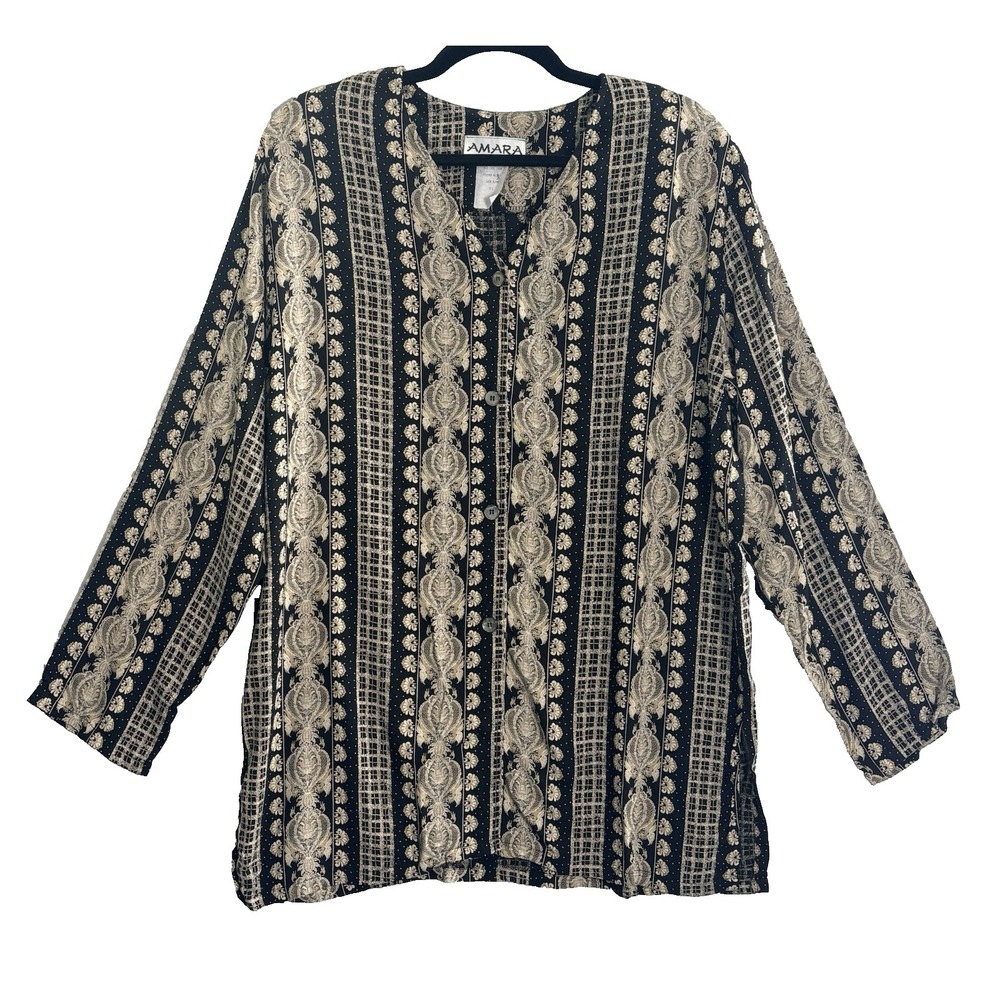 Vtg AMARA Women Paisley Long Sleeve Button Front Blouse Sz XL Black Gold 56-28